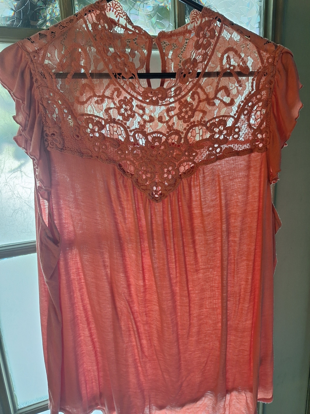 Self Esteem Coral Lace Yoke Flutter Sleeve Top